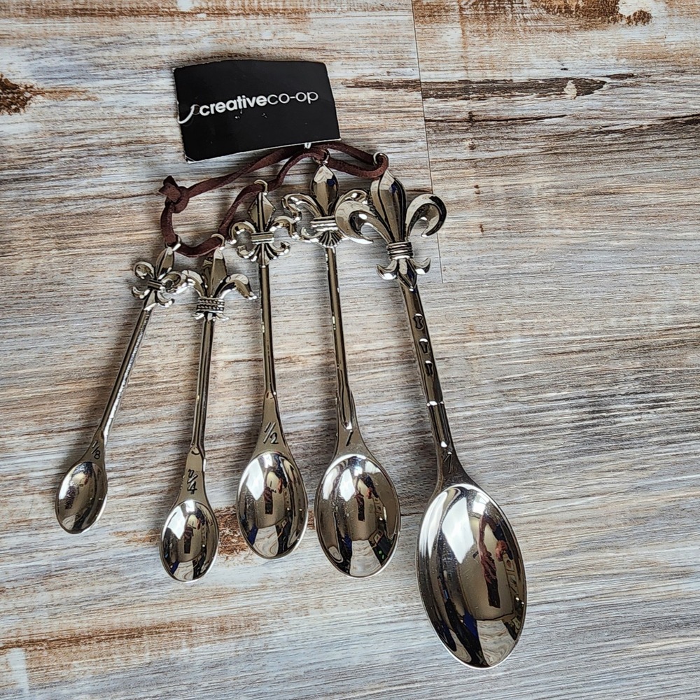 Creative Co-Op Fleur De Lis Measuring Spoons Silver Zinc Alloy 5pc Set DA2745